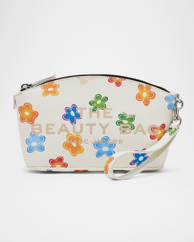 Wild Daisy-Print Leather Cosmetic Pouch Bag
